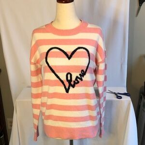 Chic Striped Heart Sweater - Pink and White